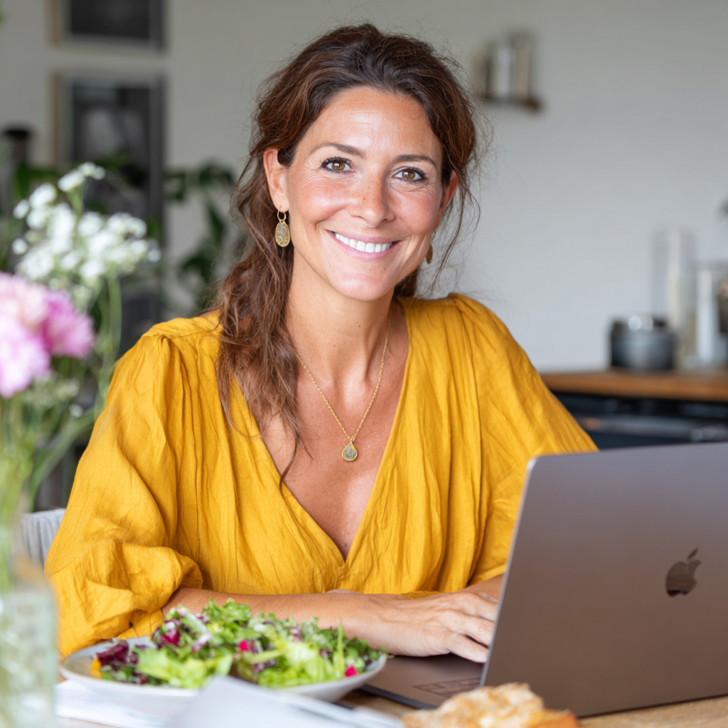 Smiling European woman in her 30s holding a healthy salad bowl, wearing casual fitness attire, natural lighting, realistic photography style
